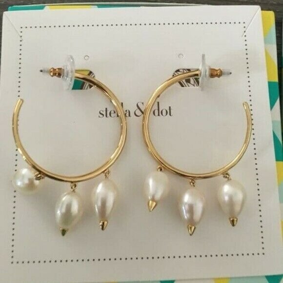 💜 Stella & Dot x Rebecca Minkoff Natriella Pearl Hoop Earrings NEW - Picture 2 of 6